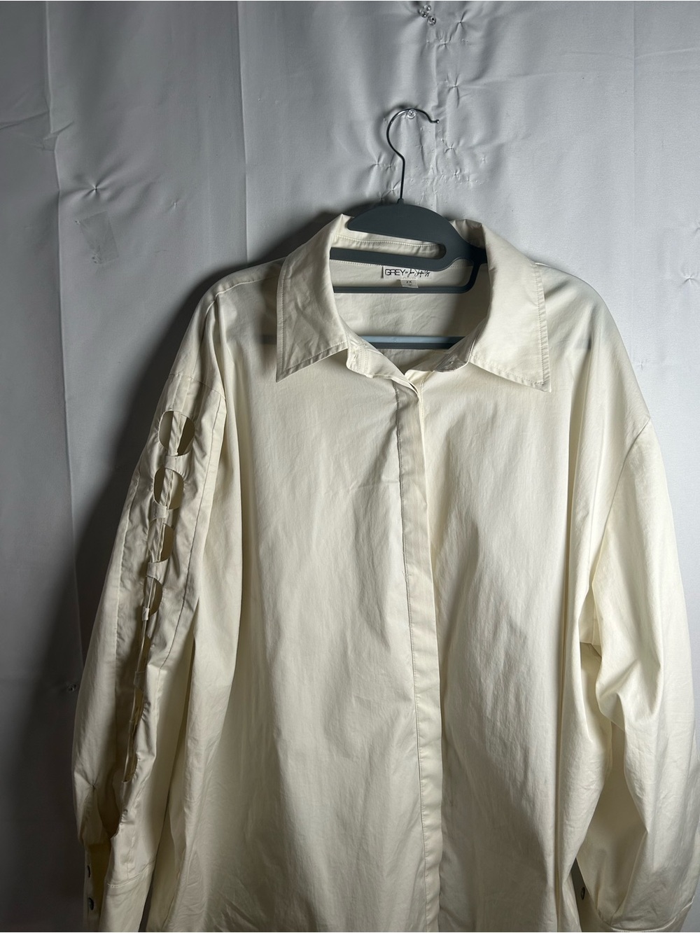 Oversized Cream Men's Button-Down Shirt with Sleeve Cutout Detail